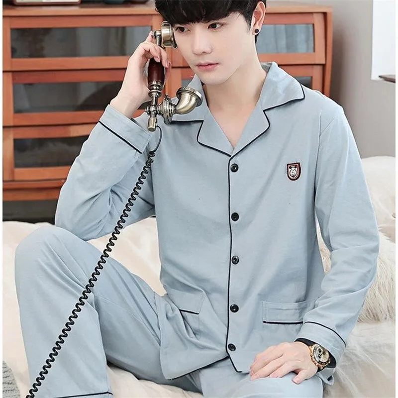 Men\'s Spring And Fall Cotton Pajamas Long-Sleeved Cotton Home Wear Casual Outwear Big Yards Boys Home Wear Suit