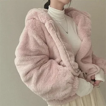 Biyaby inverno pele do falso com capuz outwear feminino de alta qualidade streetwear zíper casacos sólidos feminino coreano engrossar pelúcia jaquetas quentes