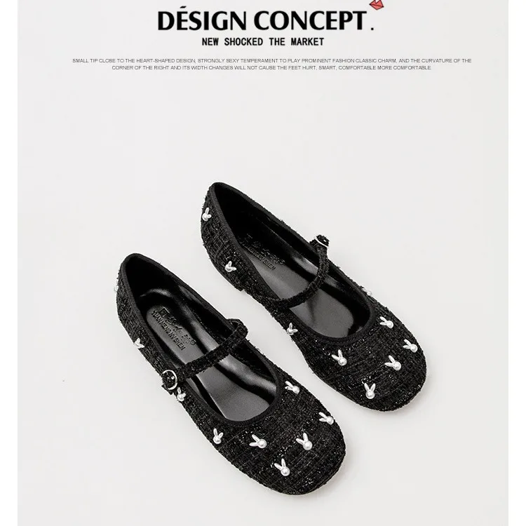 

2024 Rabbit Mary Jane Shoes Spring/Summer New One Word Buckle with Fairy Style Casual Shallow Mouth Flat Single Shoes for Women