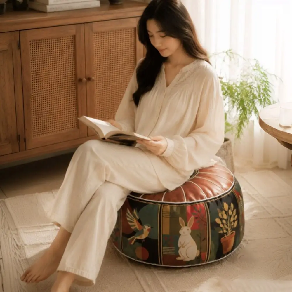 PU Leather Oil Painting Pattern Stool Cover Waterproof Unfilled Pouf Cover Large Capacity Round Floor Seat Cushion Home Decor