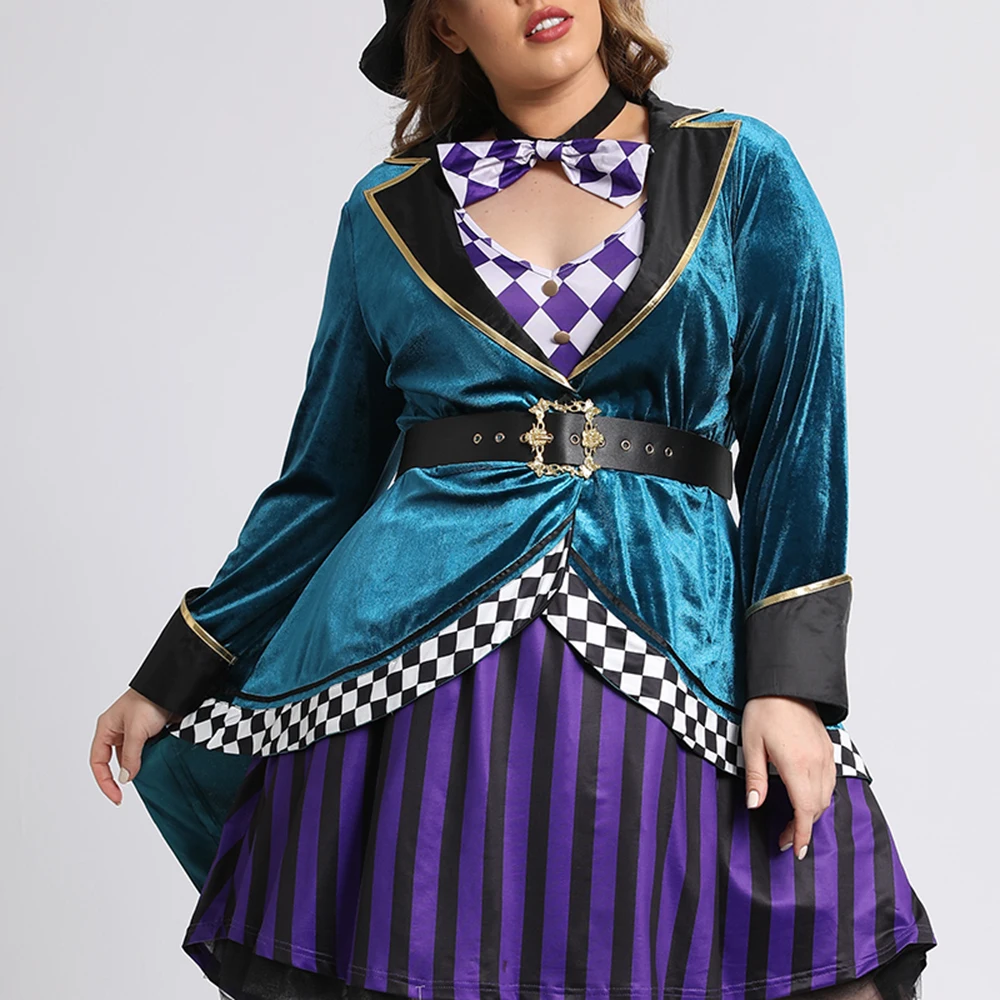 Plus Size Halloween Stripe Print Mad Hatter Hat Bow Tie Mini Dress