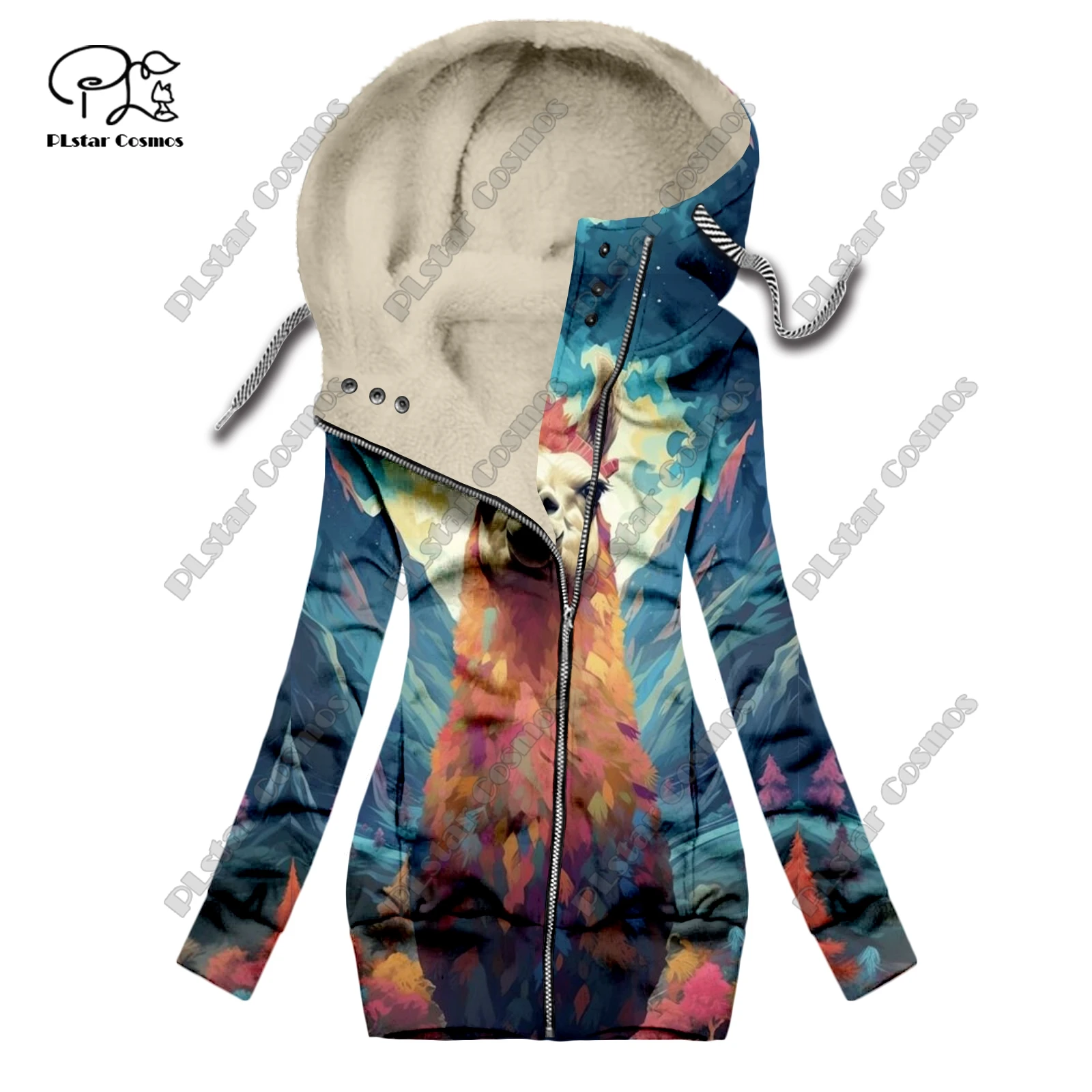 New 3D printing retro series floral and animal patterns plus velvet and warm women's long zipper sweatshirt casual winter L-24