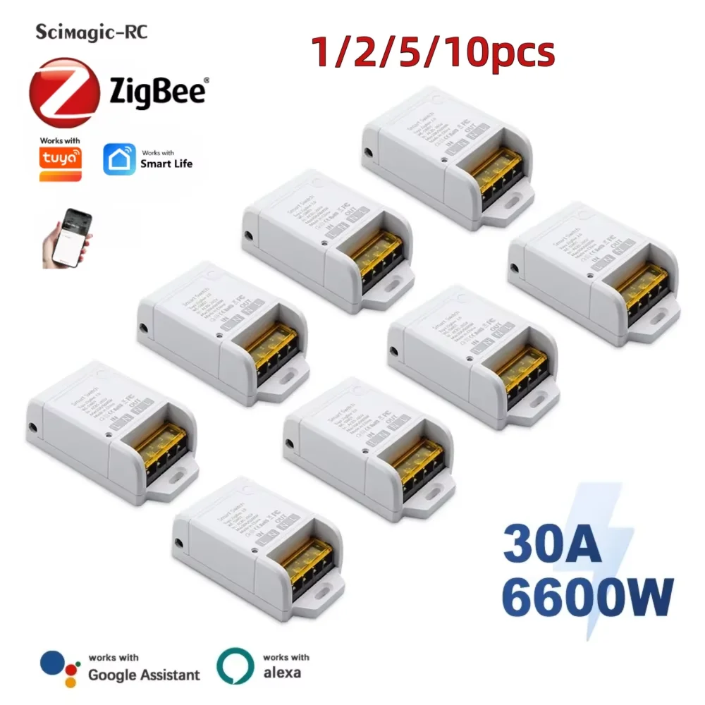 1-10 шт. 30А 6600Вт Zigbee Умное реле-выключатель AC 85-265В, модуль домашней автоматизации для гаражных ворот, двигателей, освещения, работает с Tuya Alexa