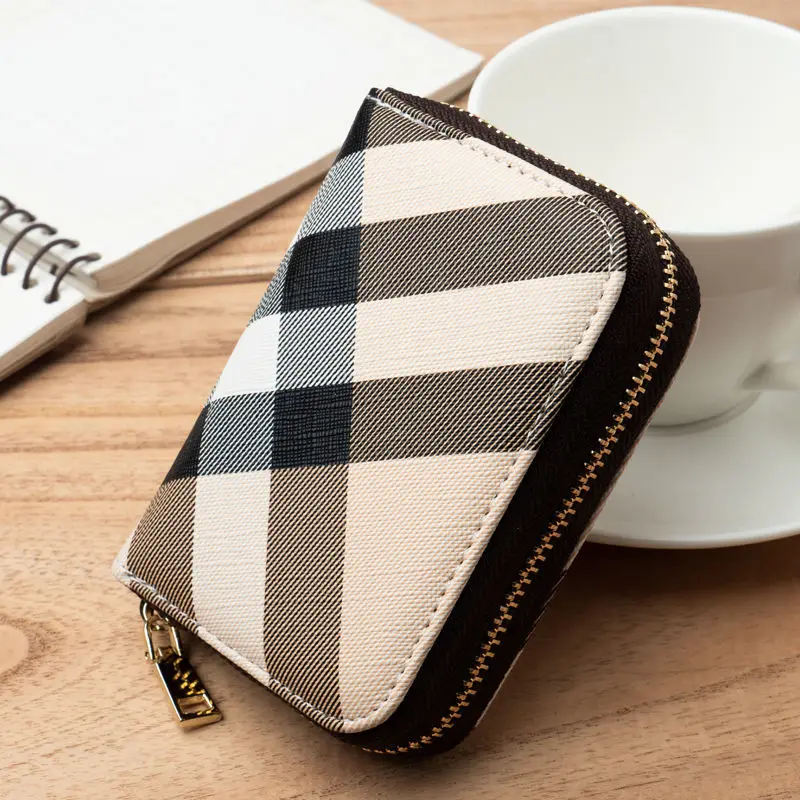 Korean Style Plaid Pattern PU Card Holder for Women - Zipper Small Coin Purse, 9-Slot Accordion Female Card Case