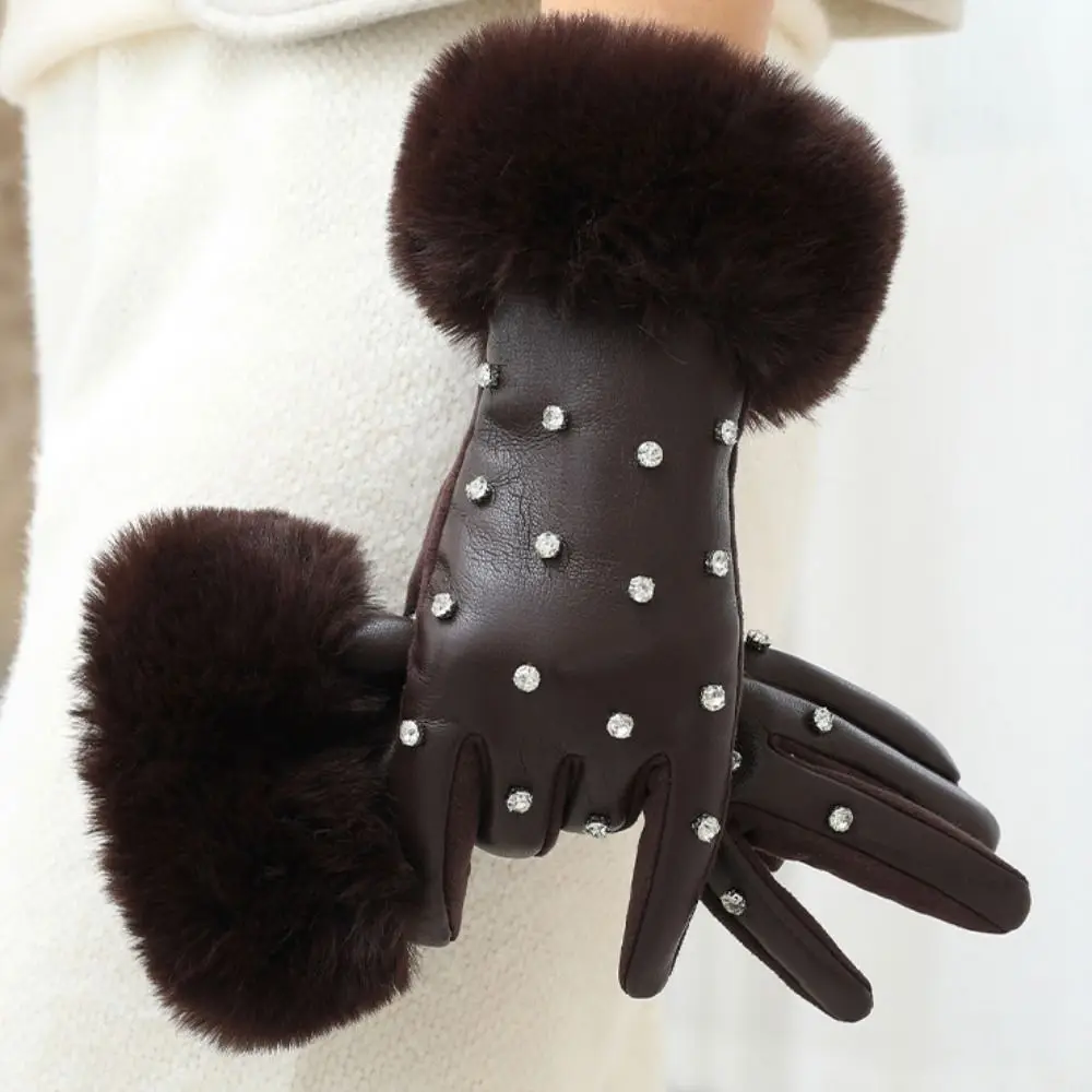 All-Match Velvet Rhinestone Winter Gloves Plush Thick Pu Leather Gloves Solid Color Windproof Women Warm Mittens Cycling