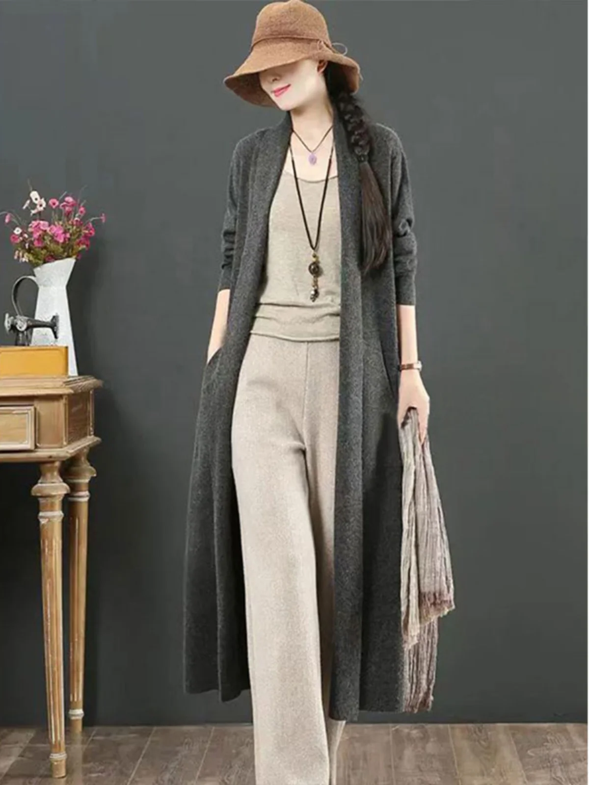

Women's Wool Knitted Cardigan Long Sve Scarf Collar Mid-Length Open Front Sweater Outerwear Spring Faion 2025