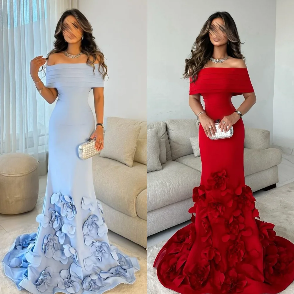 

Customized Intricate Modern Style Flower Pleat Mermaid Off-the-shoulder Long Dresses Bespoke Occasion Dresses Matching Exquisite