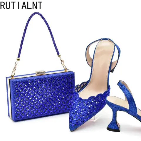 New Fashion Women Shoes and Bags To Match Set Italy Lady African Shoe and Bags Set for Wedding Rhinestone Elegant Heeled pumps