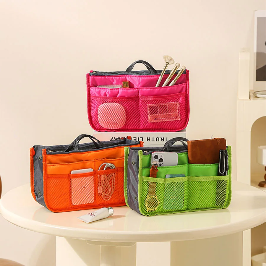 Women Cosmetic Organizer Bag Nylon Travel Insert Organizer Handbag Foldable Large Capacity Insert Bag Liner Makeup Tote