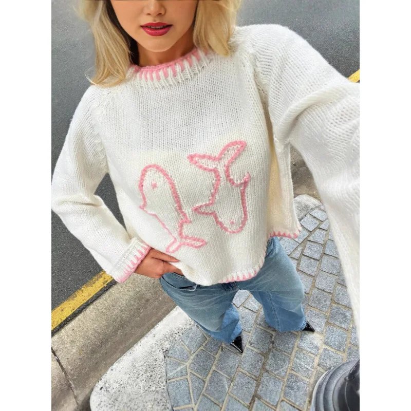 Maglione allentato pullover ricamato retrò girocollo a blocchi di colore 2025 per donna autunno inverno nuovo maglione a maniche lunghe lavorato a maglia