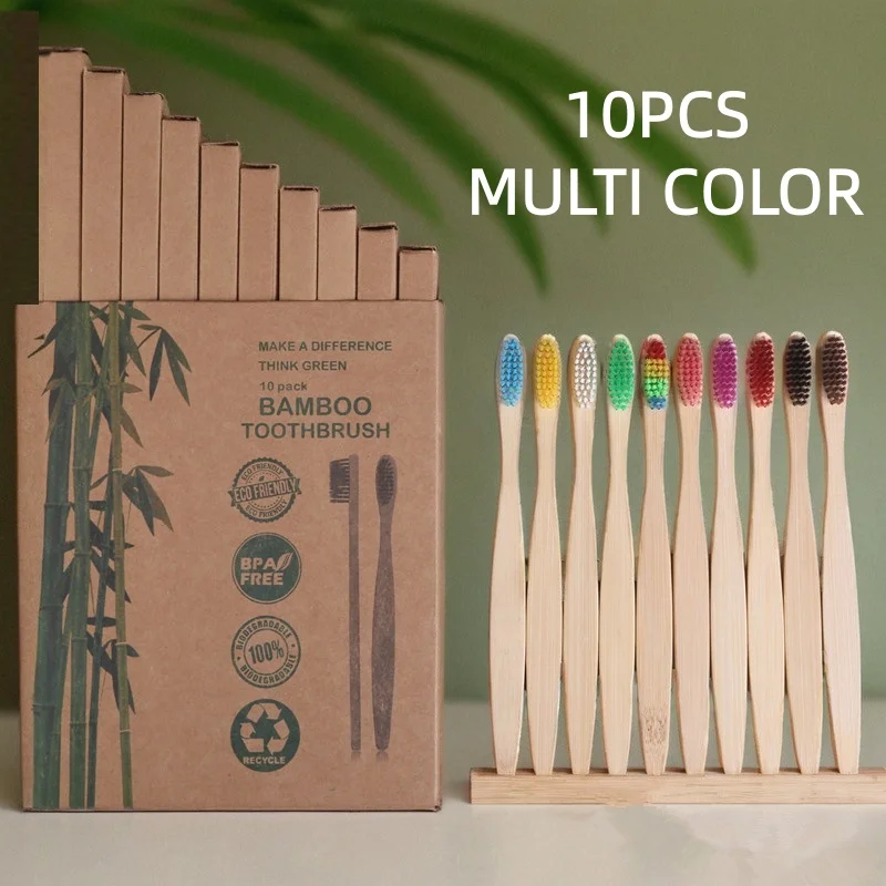 10 Pack Multi-color Eco-Friendly Adults Toothbrushes Biodegradable BPA Free Soft Bristles Natural Bamboo Wooden Toothbrush