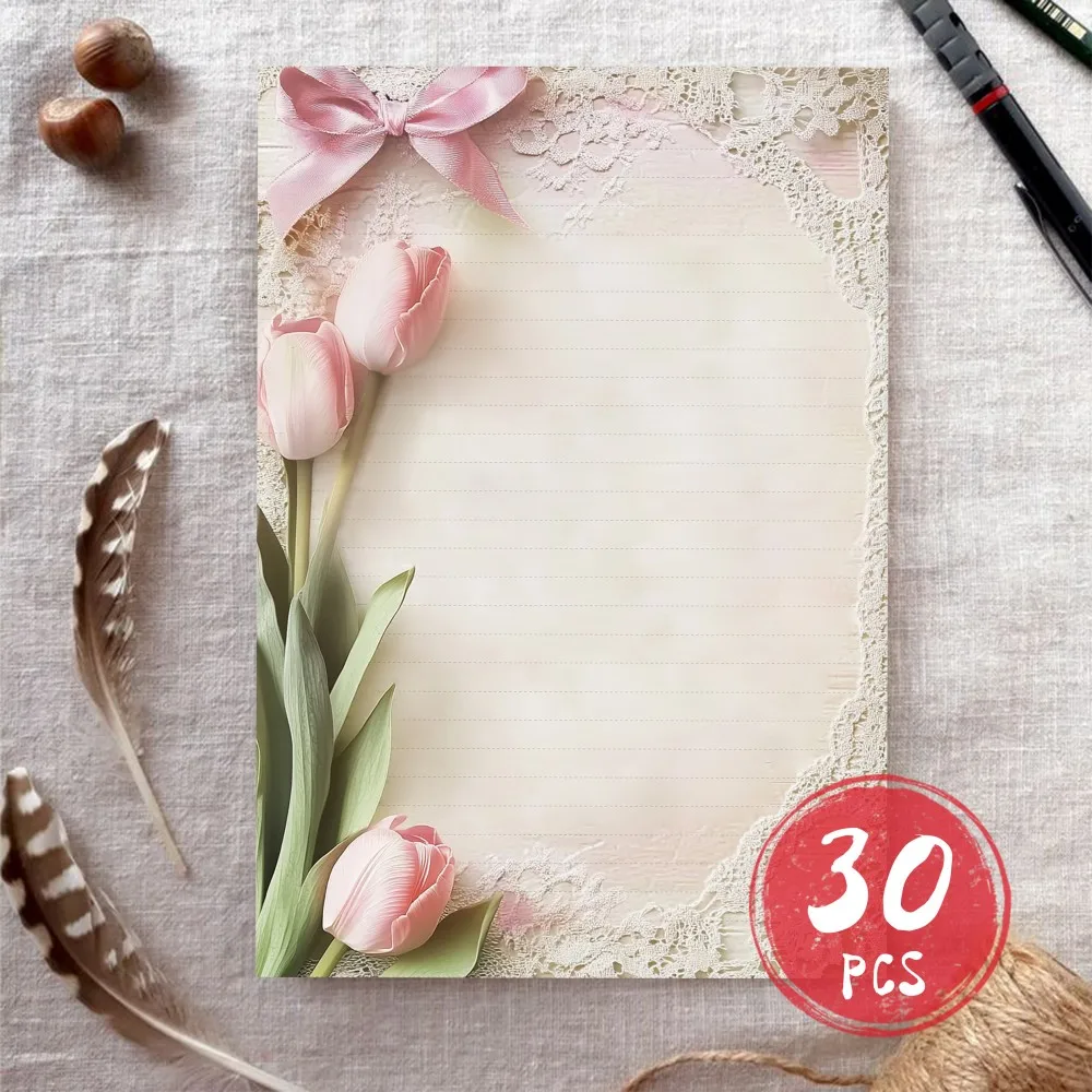 30 Blatt B5-Schreibpapier mit Spitzen-Tulpenmuster, mit Linien, ohne Klebstoff, geeignet für Notizbücher, Memo-Blöcke und Notizen. – Detail 5