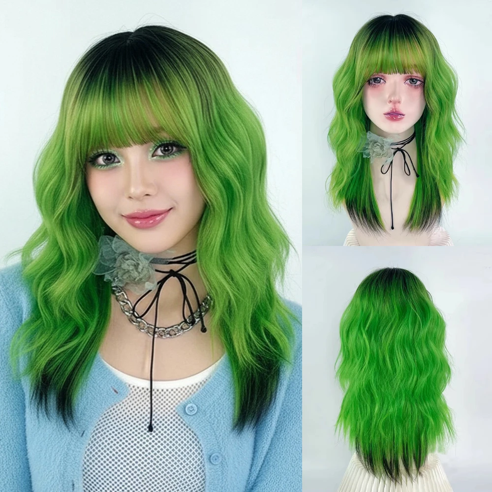 

Green Bob Wig with Bangs Short Wavy Shoulder Length Heat Resistant Synthetic Bob Wig for Fashion Women