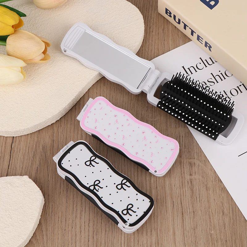 فرشاة شعر صغيرة قابلة للطي، مشط تدليك الرأس، مضاد للكهرباء الساكنة، فرشاة شعر محمولة للسفر، أمشاط شعر للفتيات مع مرآة #1