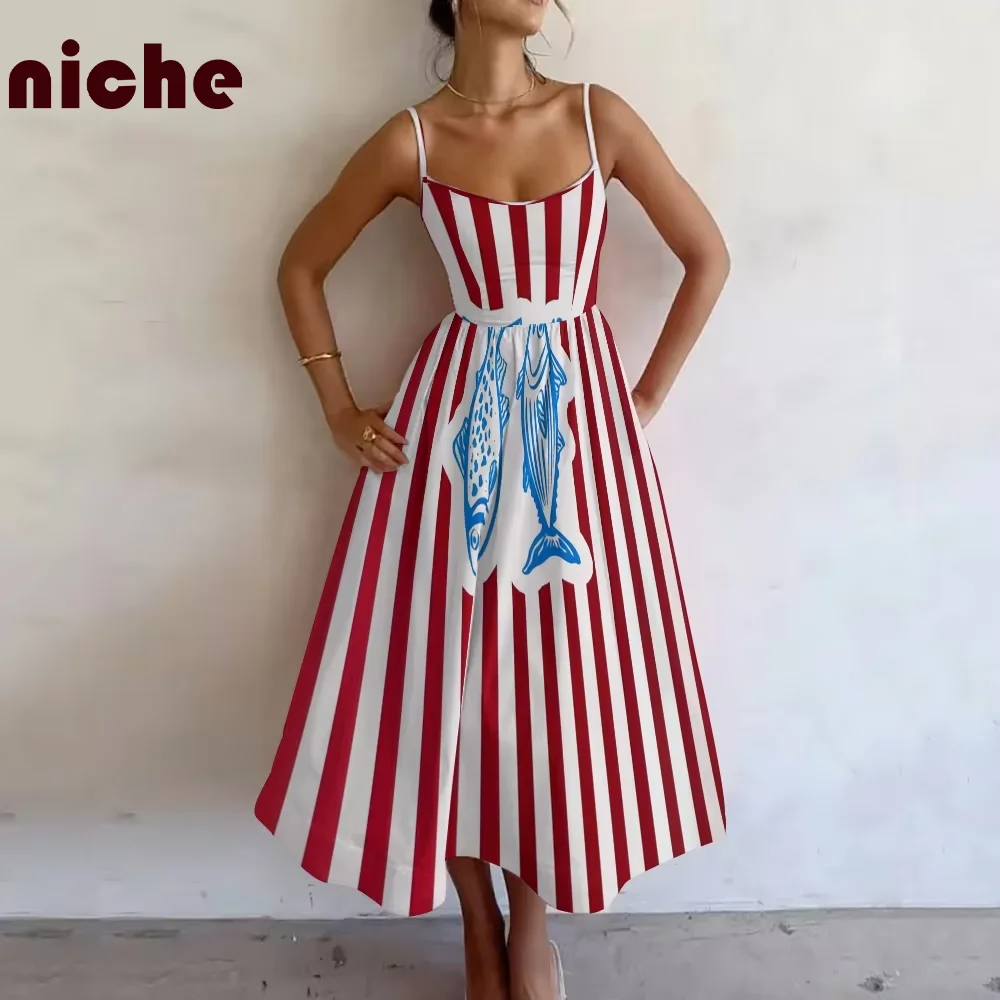 

Y2k Style Women's Dress Sardine Red and White Striped Graphic Print Suspender Skirt A-Shaped Version Beach Trend Party Dresses