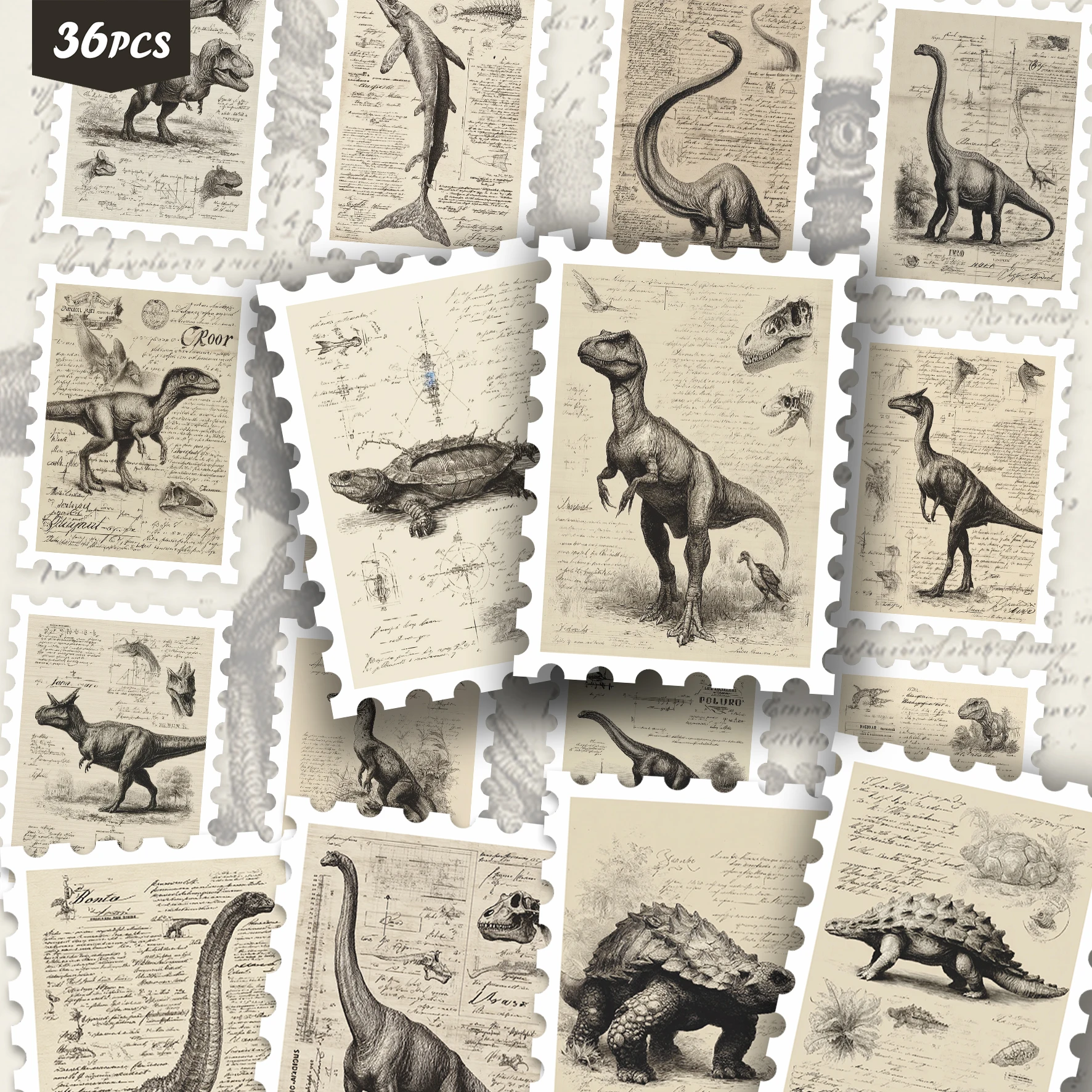 36Pcs Vintage Dinosaur Sketch Stamp Stickers, Antique Jurassic Creature Style, Junk Journal Scrapbooking Supplies