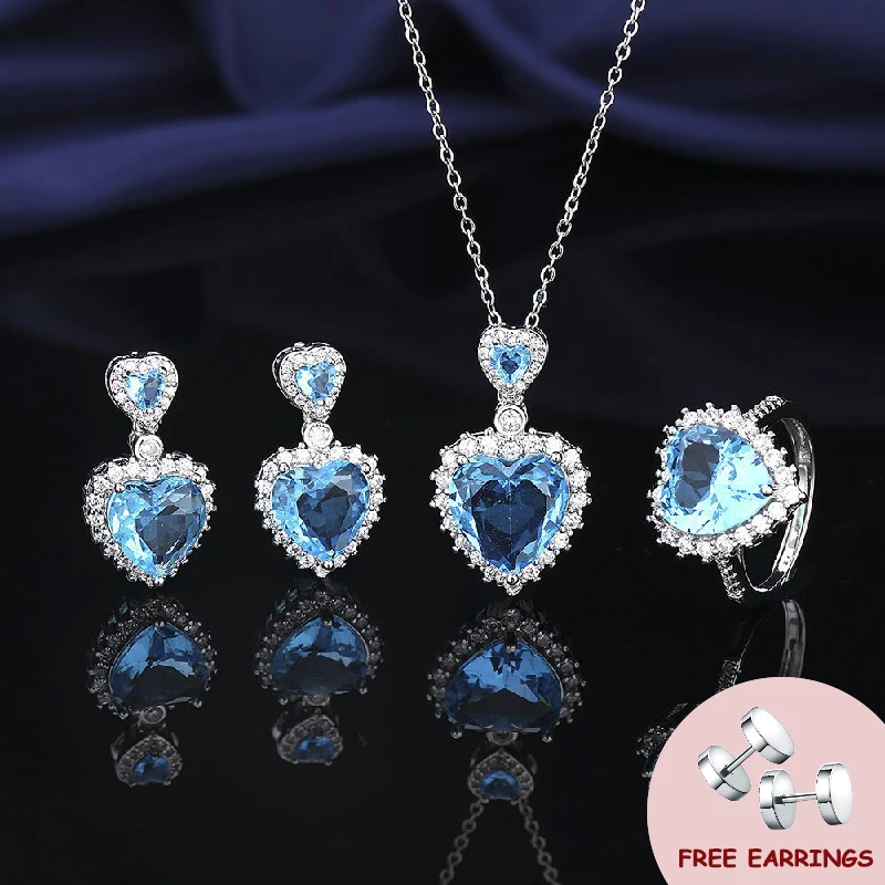 

Luxury 925 Silver Jewelry Set Ring Earrings Pendant Necklace with Zircon Heart Shape Accessories for Women Wedding Party Gift