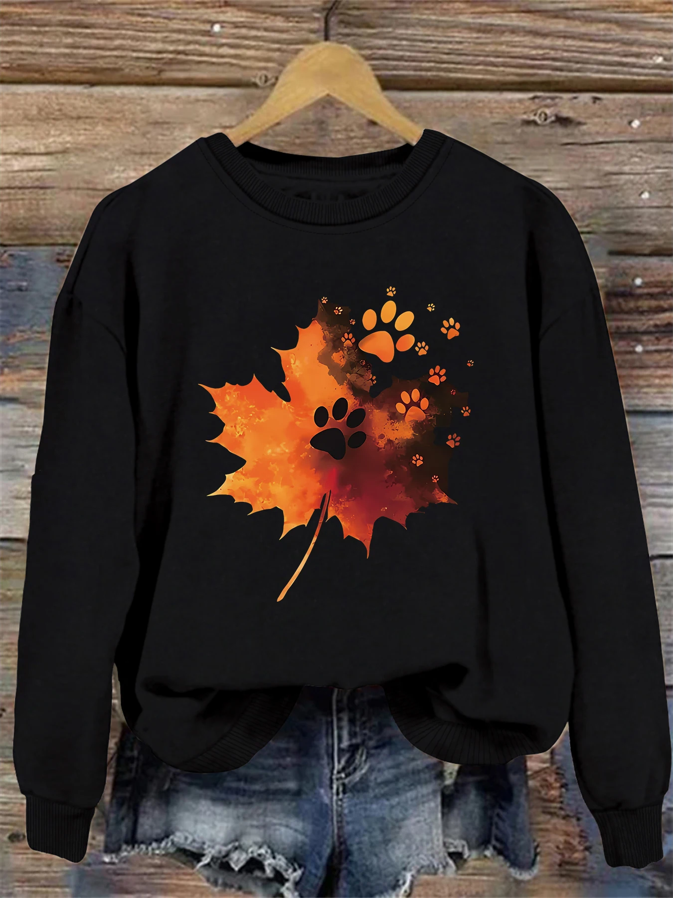 

Leaves print sweatshirt, crew neck casual sweatshirt for winter & fall, women's clothing.