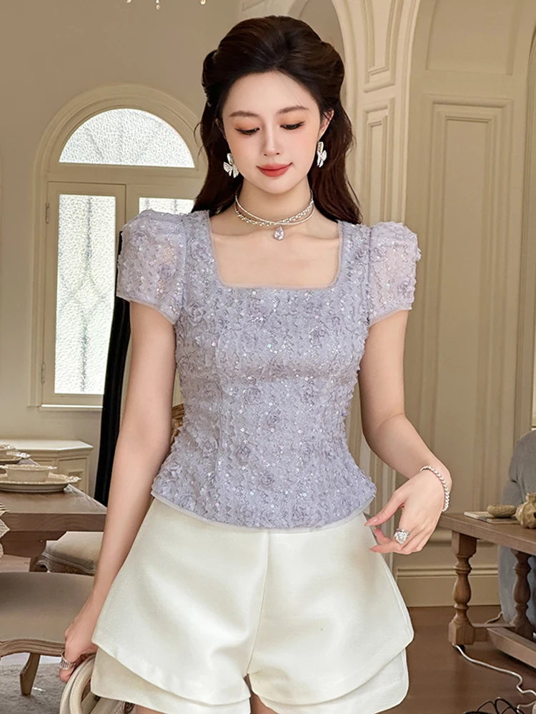 

Fashion Elegant Woman Lace Peplum Tops Female Exquisite Shiny Sequin Party T-shirt Lady Dating Night Club Blouse Mujer Street