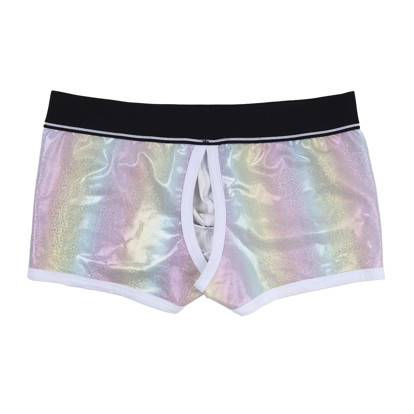 Herren-Dessous: Glänzende Metallic-Boxershorts mit integriertem Silikonring, tief sitzend, mit Cutout-Pouch, Unterwäsche für Rave & Nachtclub-Kostüme – Detail 4
