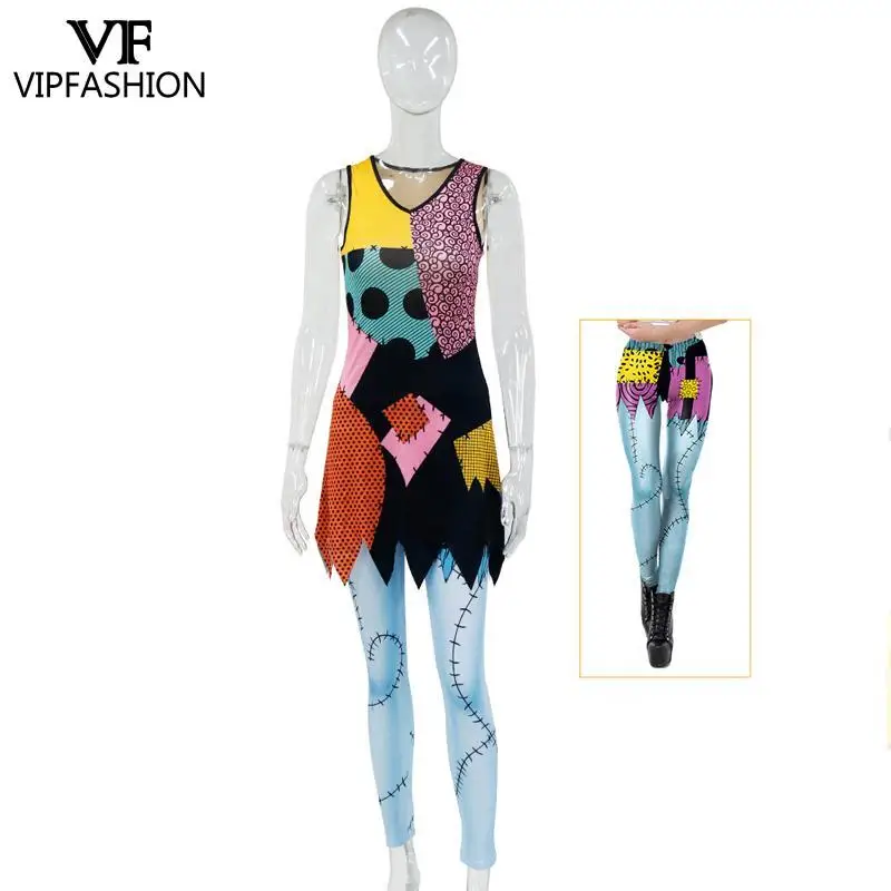 VIP Fashion Cosplay Dress Set para Mulheres, Vestidos e Leggings Sem Mangas, Roupas Halloween Festival, Traje de Festa de Carnaval, Sally