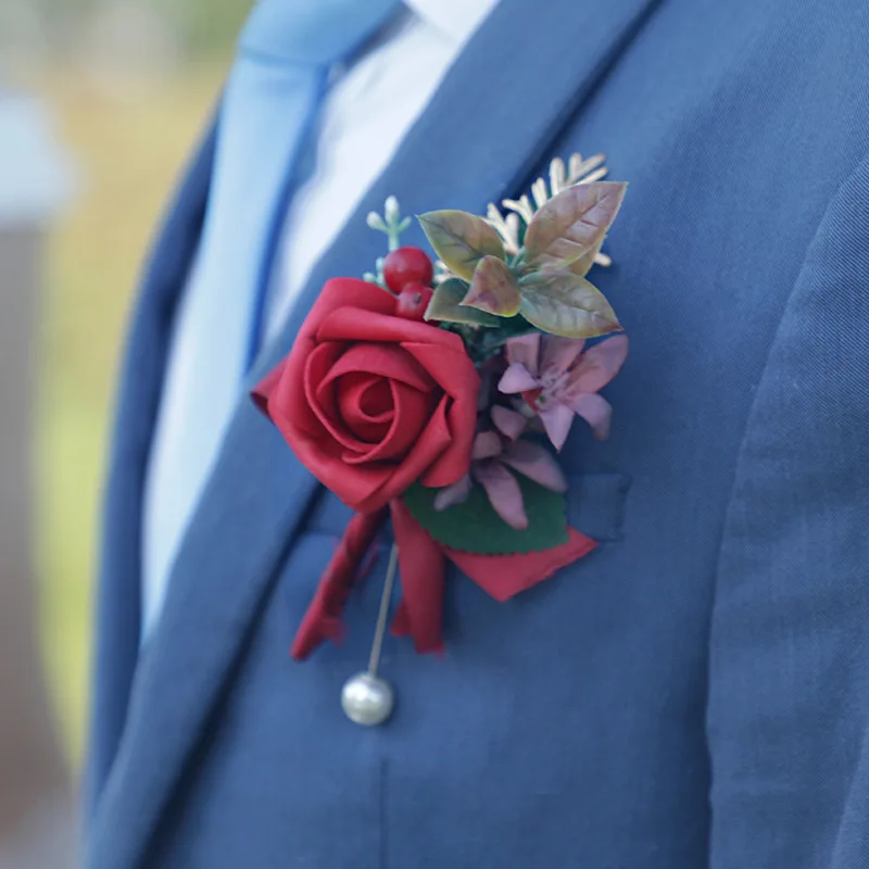 2pcs Unique Boutonniere for Men Handmade Groomsmen Corsage Fashion PE Rose Flower Wedding Formal Festival Prom Party Decor