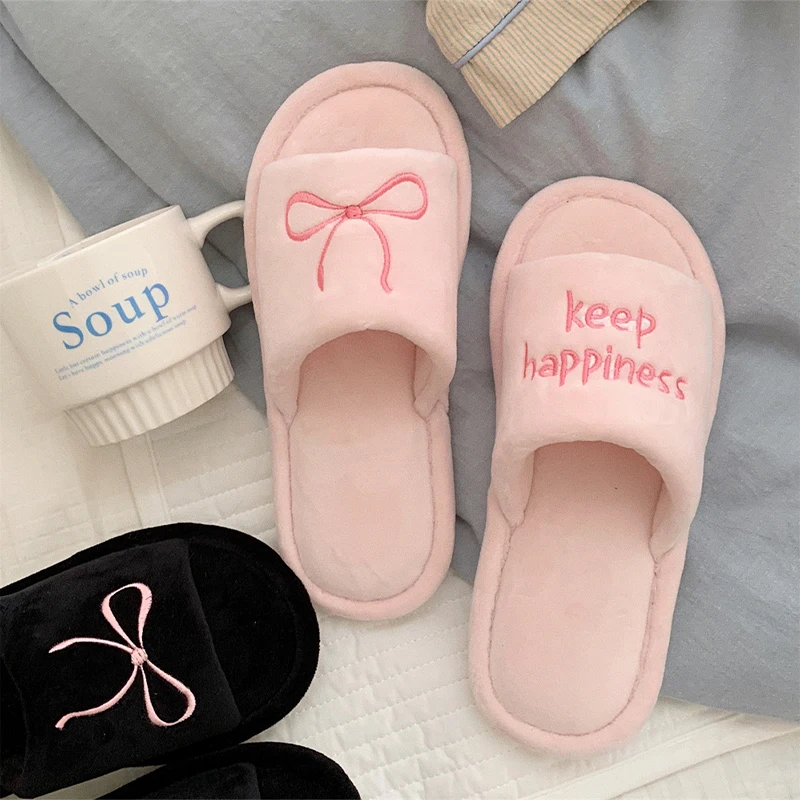 XIXITIAO Women's Home Slippers New Bow Embroidery Comfort Plush Casual Indoor Anti Slip Open-toe Floor Shoes, Ladies Flat Shoes view 5