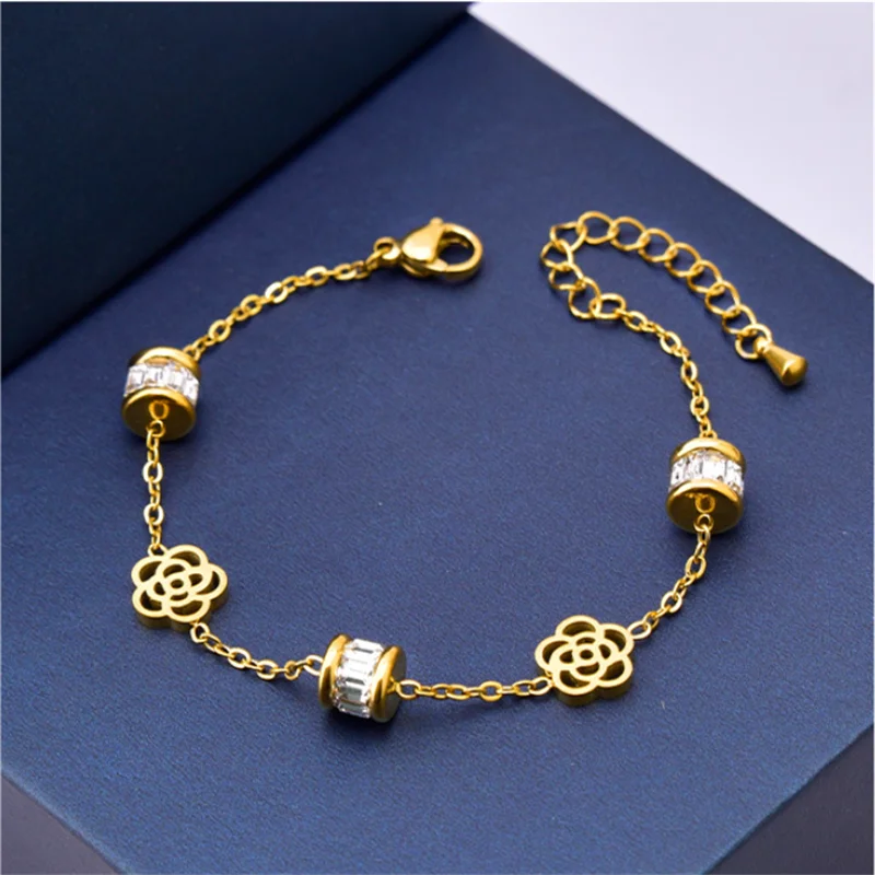 316L Stainless Steel New Fashion Fine Jewelry Zircon Good Luck Beads Welding Rose Flower Charm Chain Bracelets For Women