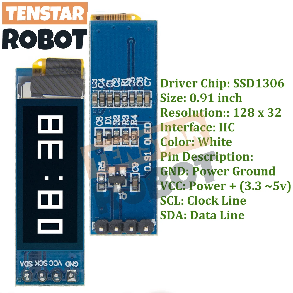 TSTARDEV I2C OLED وحدة عرض 0.91 بوصة I2C SSD1306 OLED وحدة عرض أبيض/أزرق I2C OLED شاشة سائق تيار مستمر 3.3 فولت ~ 5 فولت