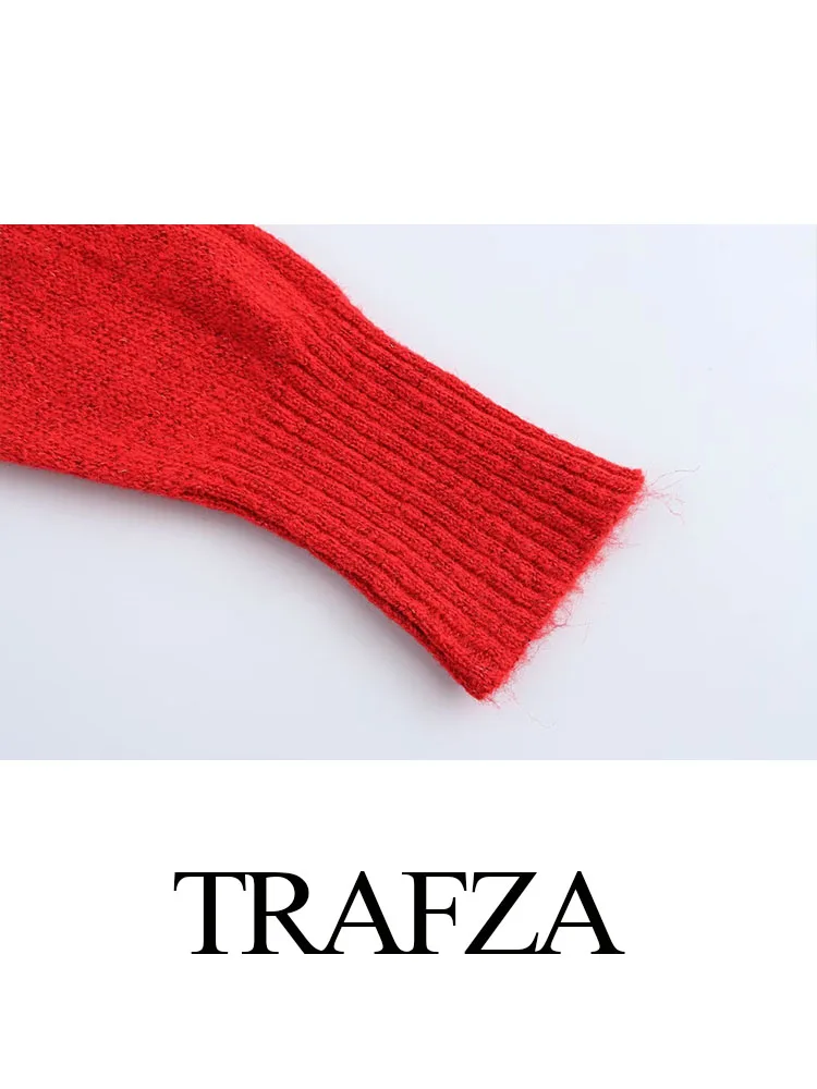 Trafza outono camisola casacos mulher na moda vermelho com decote em v mangas compridas apliques decorar único breasted cardigan feminino topo de malha