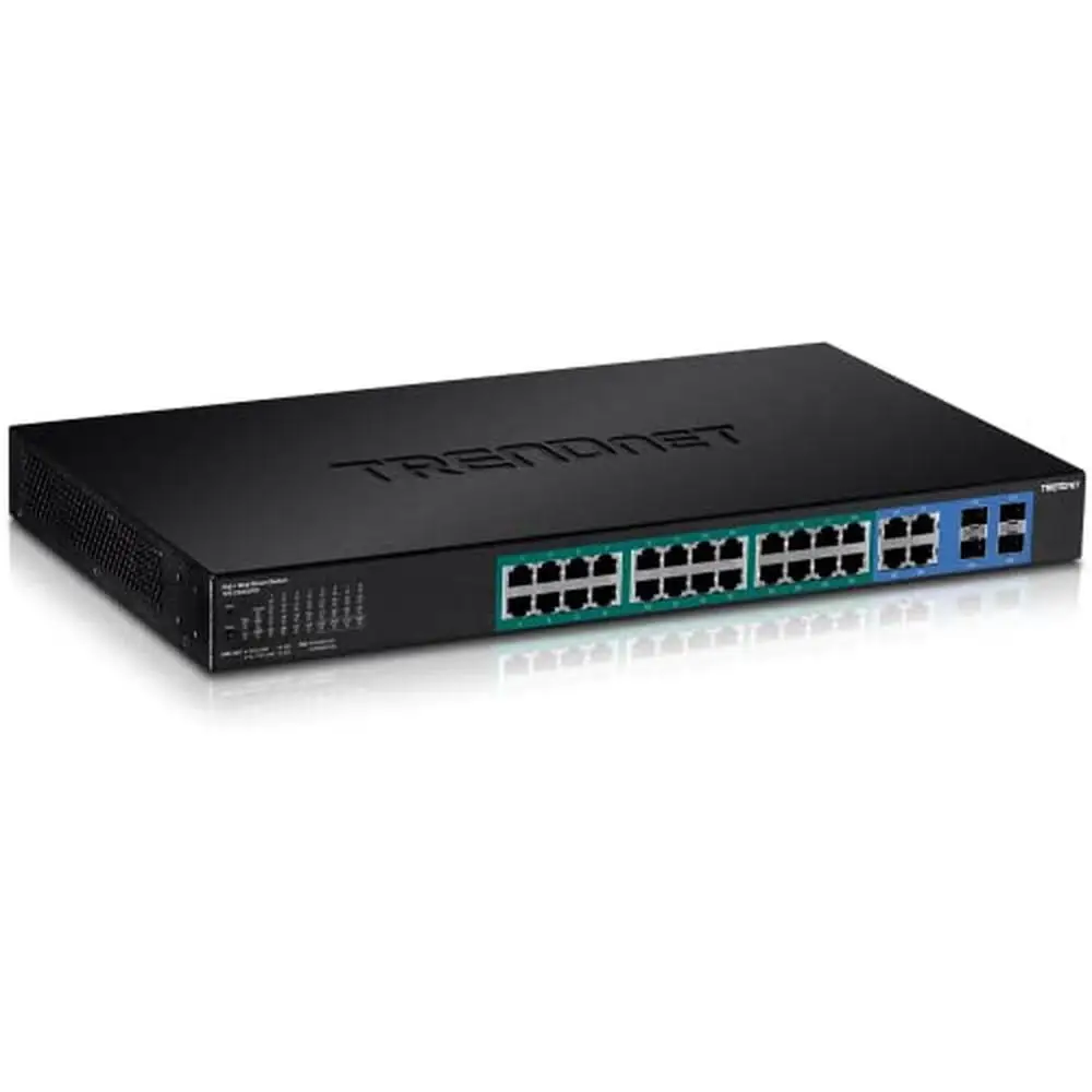 

28-Port Gigabit Web Smart PoE Switch 24 x PoE Ports 4 Shared RJ-45/SFP 185W Power Budget 56Gbps Capacity Web Managed VLAN QoS