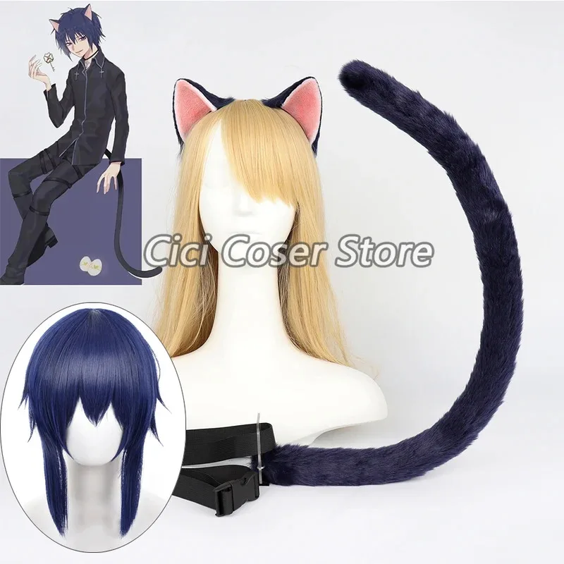 qq28LQAnime Tsukiyomi Ikuto شعر مستعار تأثيري قصير الأزرق الشعر أفخم آذان القط وذيل الرجال النساء هالوين حفلة كرنفال لعب الأدوار برو