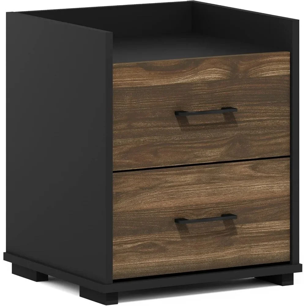 End Side Night Stand Modern Bedroom Bedside Tables Handle 2 Chest Nightstand, 1-Pack Drawer, Columbia Walnut/Black