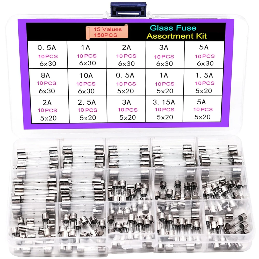 15 Values 150pcs Fast Blow Glass Fuses Assorted Kit 6x30mm, 250V 0.5A-10A, 5x20mm, 250V 0.5A-5A, packag in a Clear Plastic Box