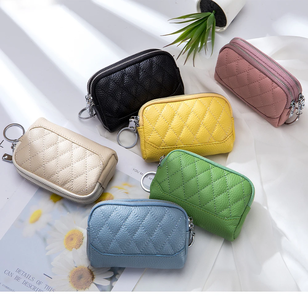 Luxury Diamond Lattice Design Coin Purse for Women Mini Purse with KeyChain Double Zipper Brand Ladies Real Leather Short Wallet