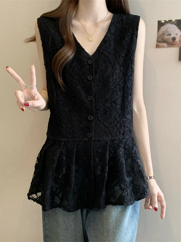 Lace Hollow out V-neck Tank Shirt Women's Summer New Large Size Fat MM High-grade Lightweight Luxury Base Top