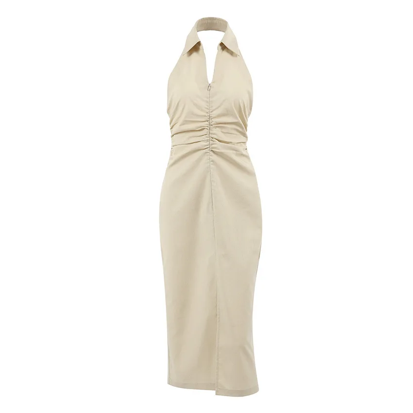 

2025 Temperament Hanging Neck Cotton And Linen Dress Khaki Backless Straight Tube Hip Hugging Skirt Women'S Wear