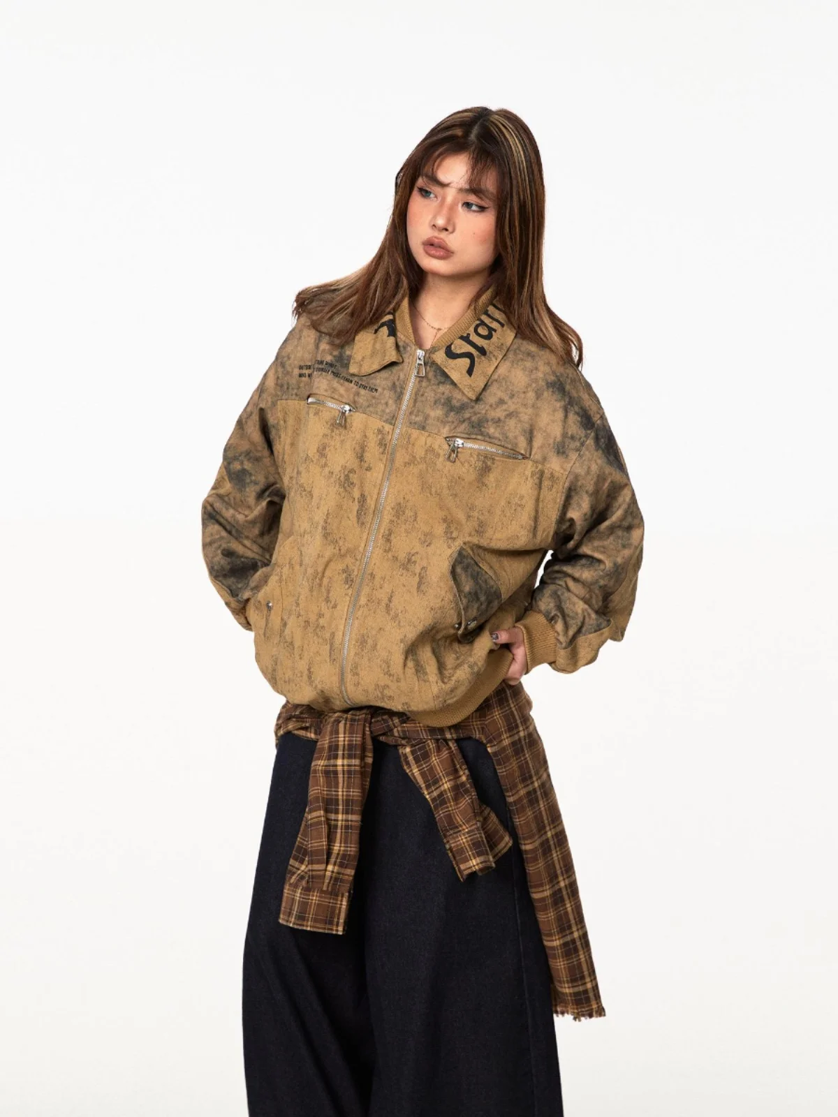 Retro American Blackbb Double Layered Tie Dye Jacket Women's Loose Motorcycle Style Spring Outerwear Street Fashion Cotton