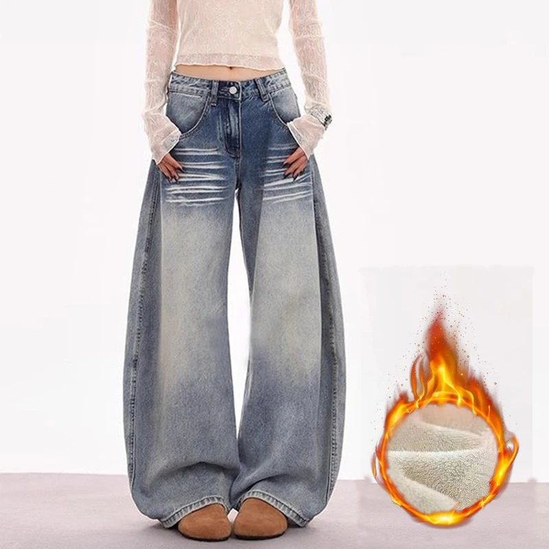 Winter Women Designer High Waist Thermal Jeans Girls Snow Warm Fleece Denim Pants Lady Chic Korean Fashion Plush Trousers