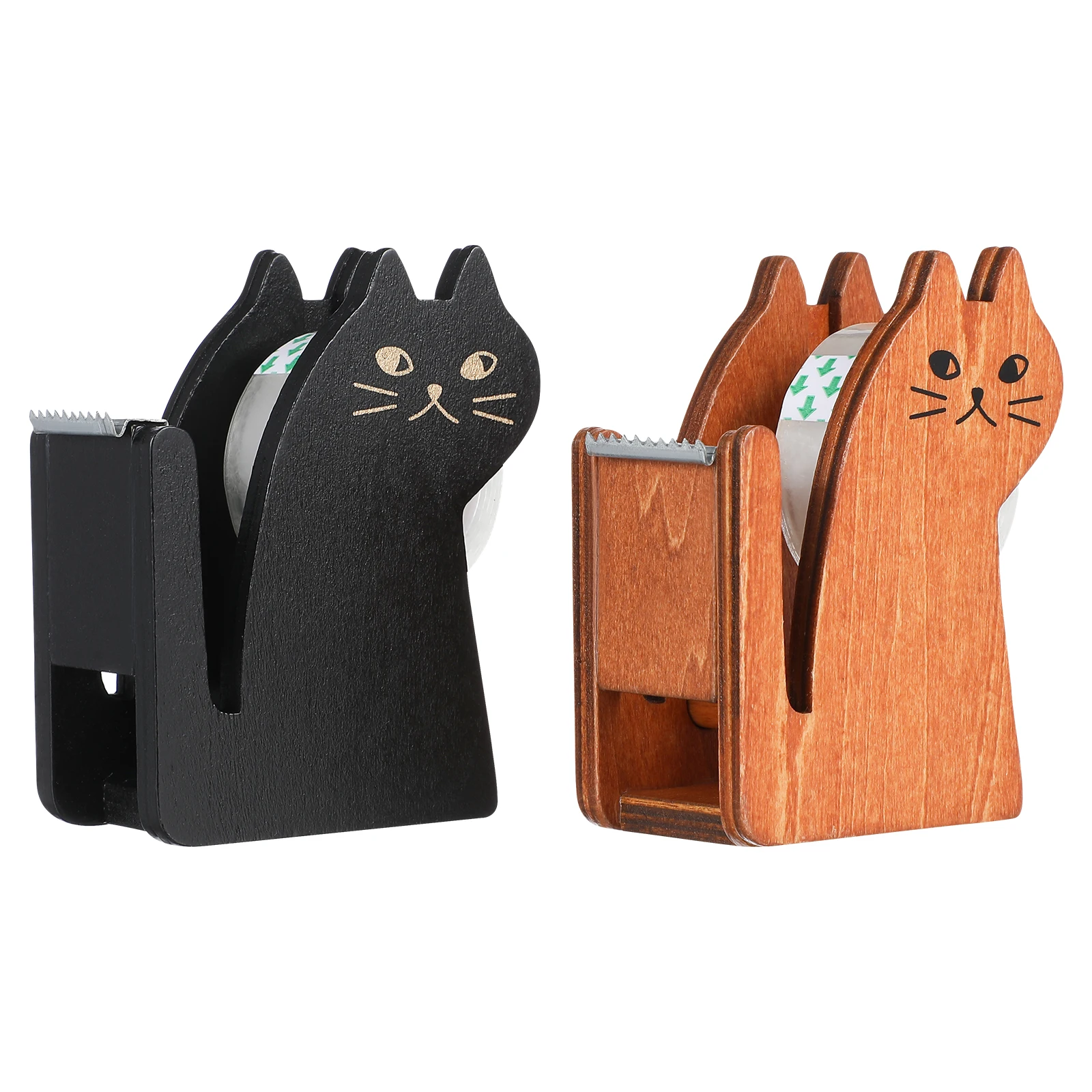 

2pcs Cat Shaped Tape Dispenser Wooden Holder Black Yellow Home Office School Desk Accessories Portable Storage