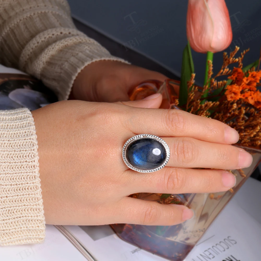 

Кольцо ручной работы 2026 из серебра S925 с натуральным лабрадоритом (камень для успокоения), изысканное ювелирное украшение для подарка на день рождения или вечеринку