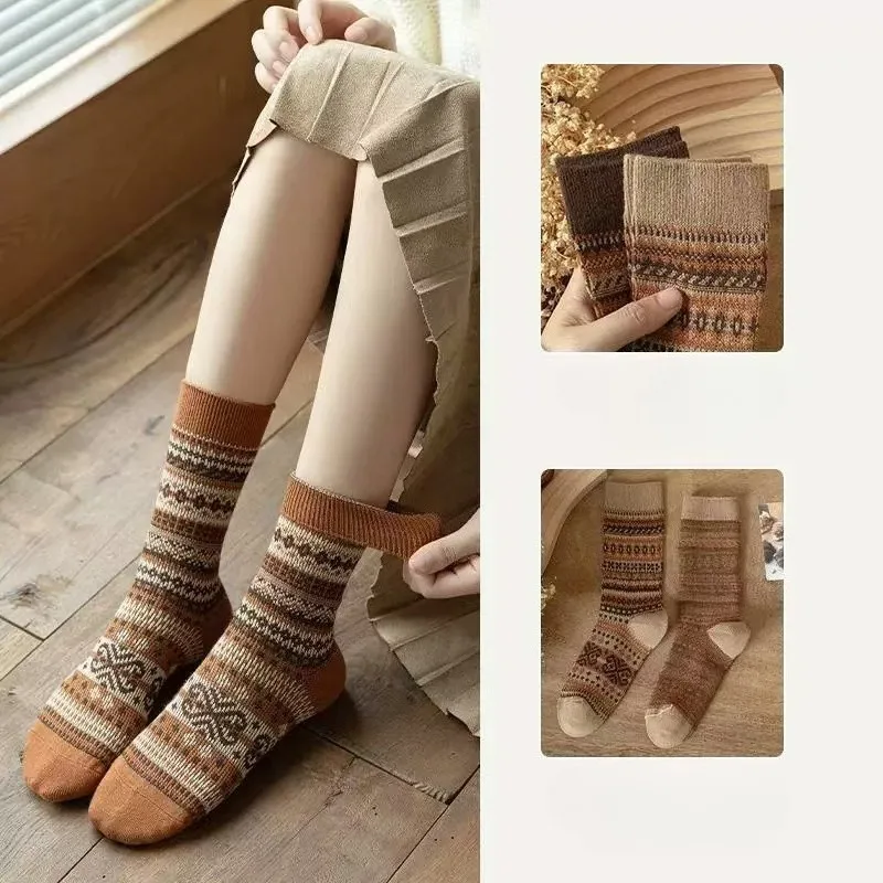 7 Pairs New Women Thick Winter Warm Socks Man Retro Style Wave Pattern Japanese Mid-calf Socks Ethnic Style Ankle Socks Woman