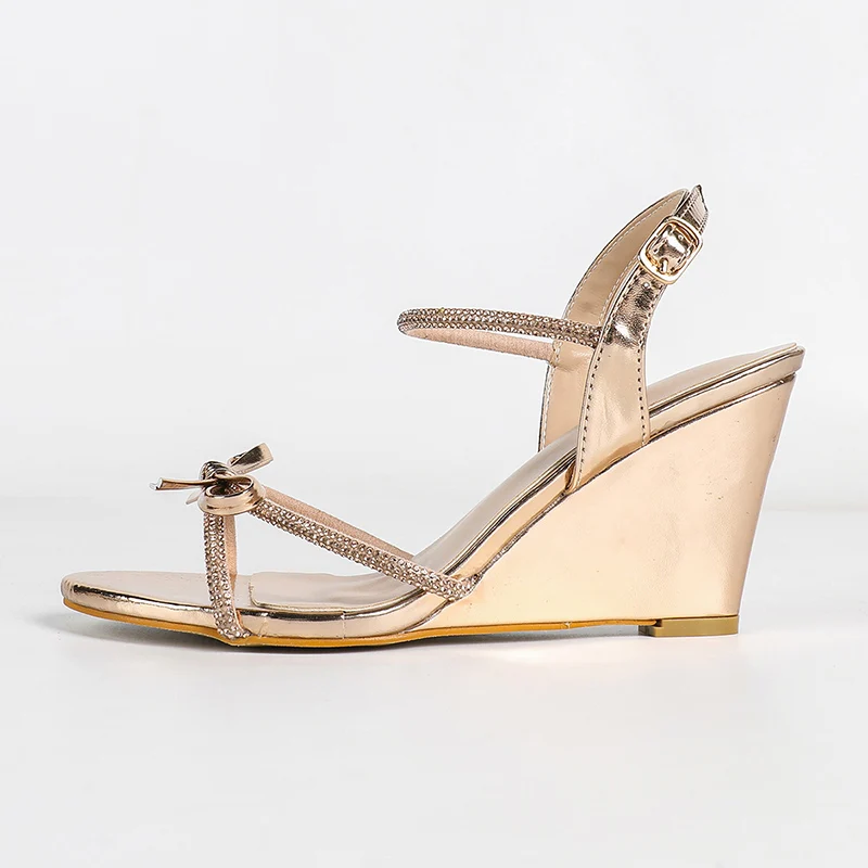 Ladies Sandals Block Heels For Woman Elegant Shoes Rhinestones Narrowband Bow Wedge Sandals 8cm High Heels Ladies Dress Shoes