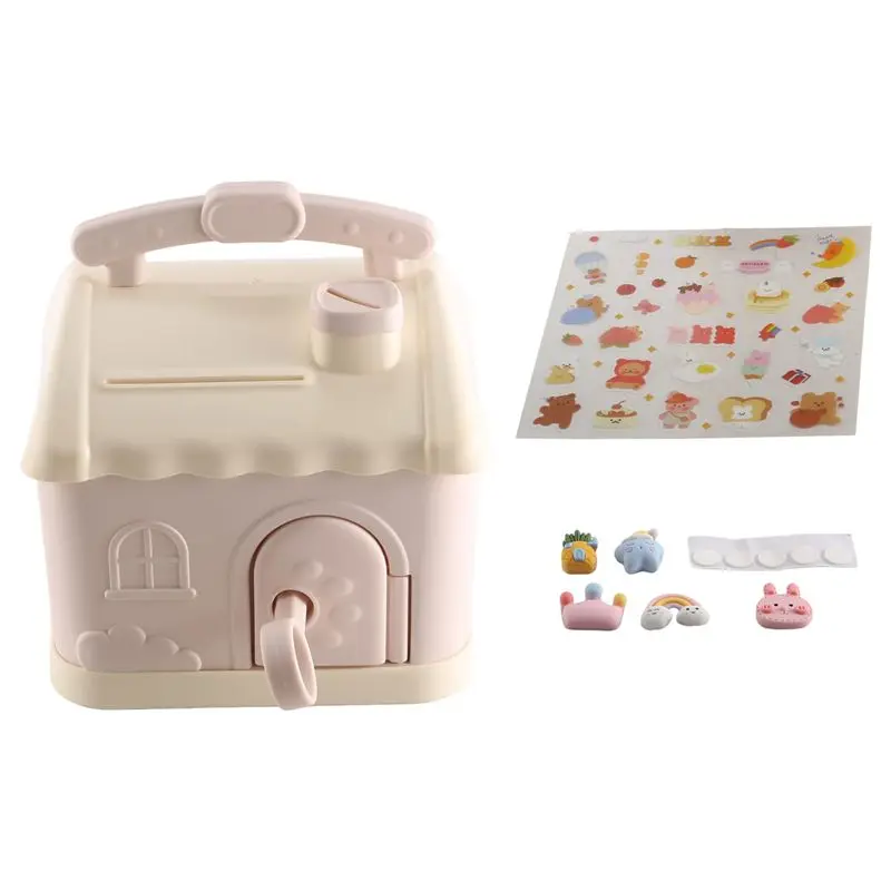 A44I-Cute House Money Box With 3D Sticker Kawaii Piggy Bank For Kids Adults Savings Box For Coins Banknotes Birthday Gift