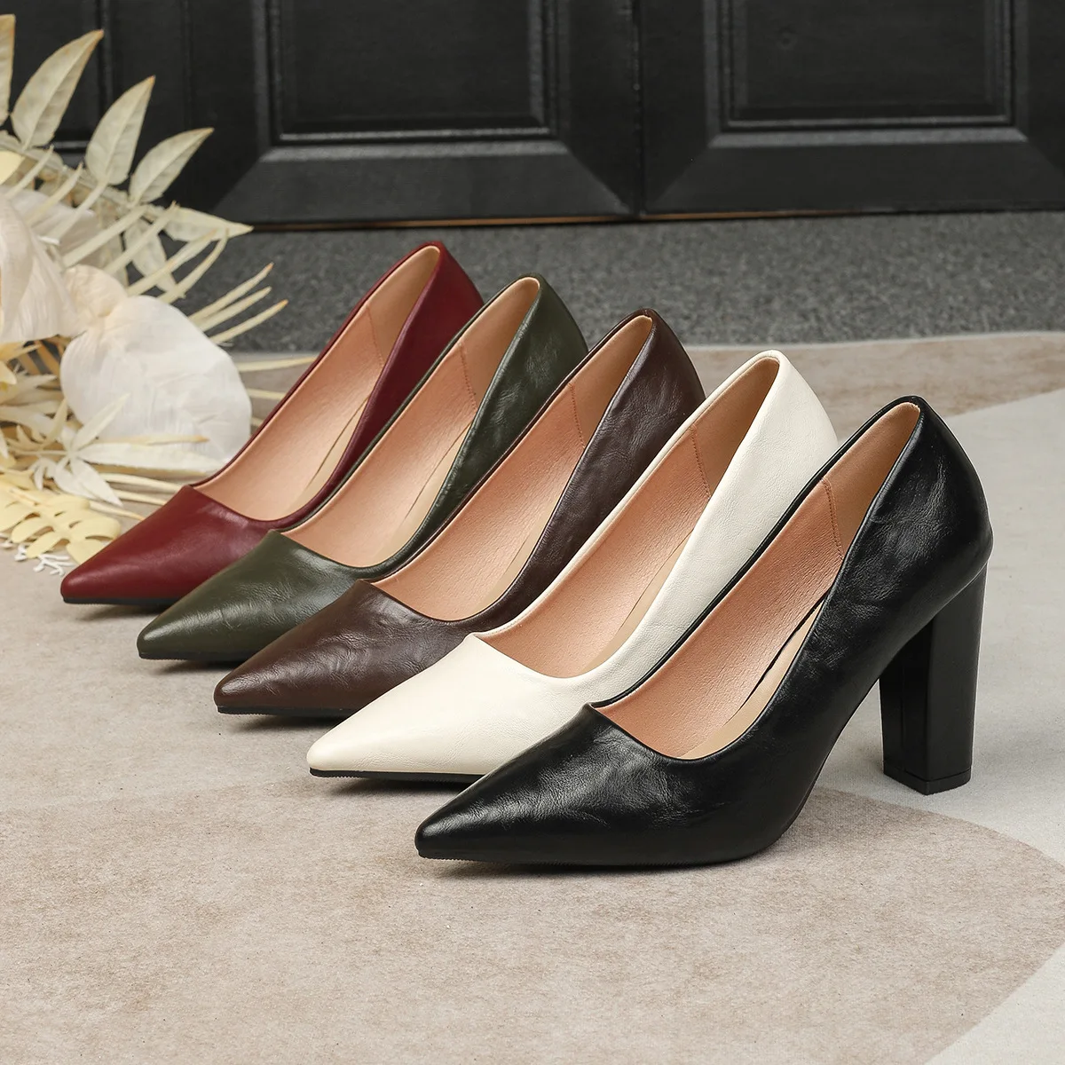 Women Plain Pointed Toe Chunky Heel Pumps Slip On Dress Shoes Plus Size 43