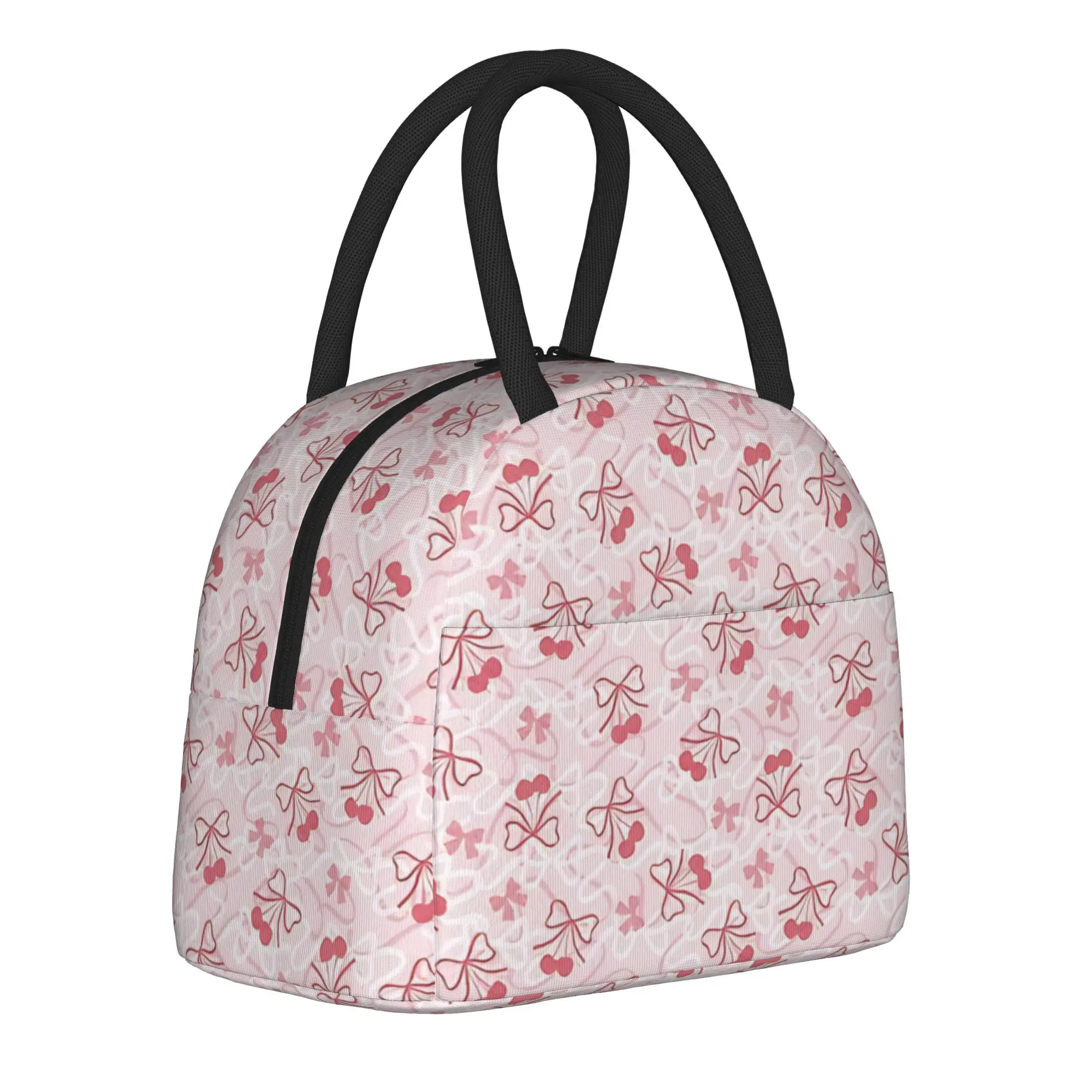 Cute Pink Checkered Insulated Lunch Bag High Capacity Pink Bow Cherry Pattern Reusable Thermal Bag Tote Lunch Box School Travel