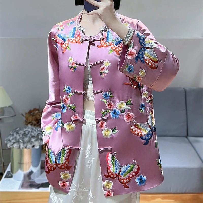 Spring New Women's Chinese Style O-Neck Acetate Fabric Top Fashion Butterfly Embroidered Single Breasted Jacket S-XXL