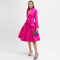 Fashion Fuchsia Knee Length Taffeta Women Skirts With Pockets Detachable Bow A-line Midi Female Maxi Skirt