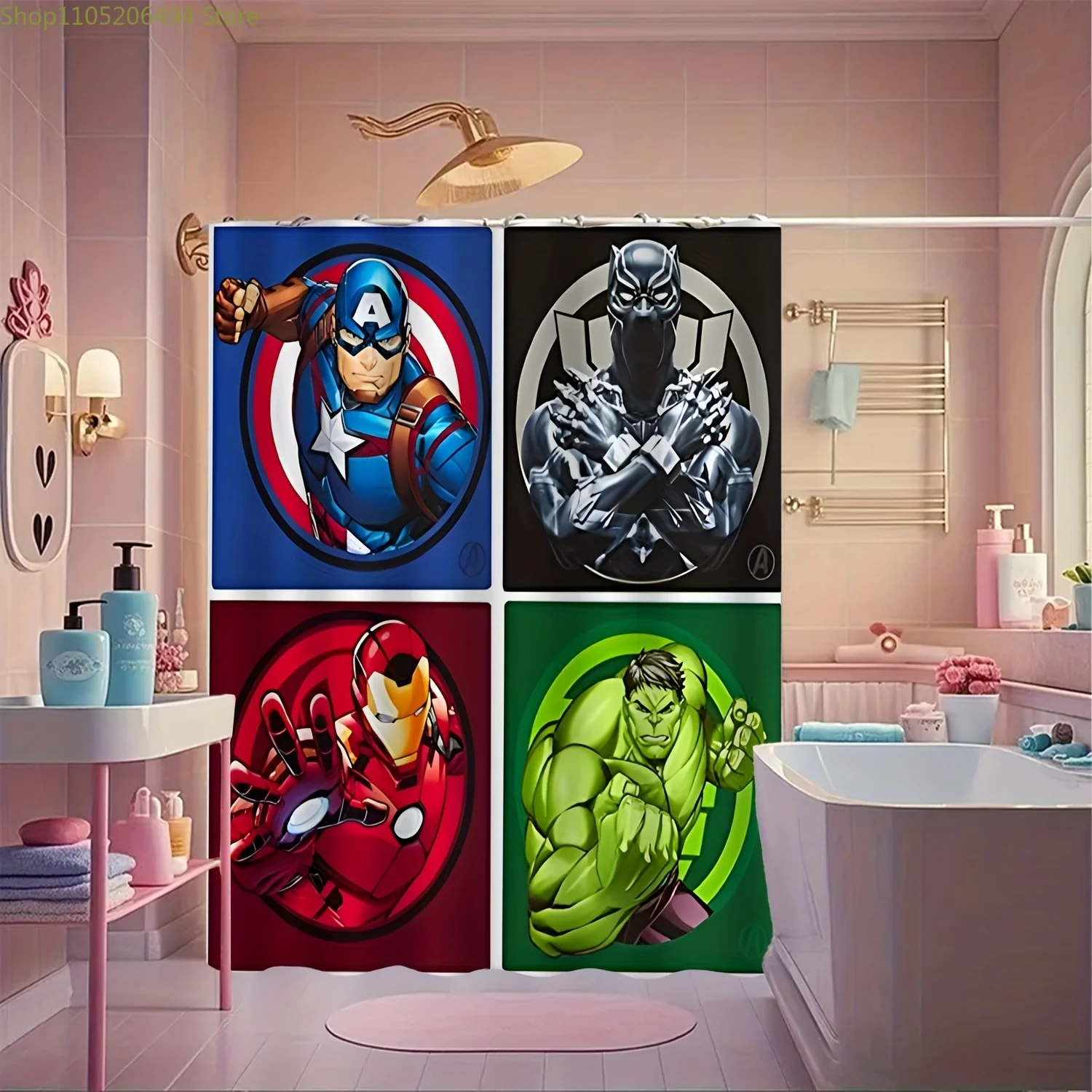 

1pc Marvel Superhero Shower Curtain with Hooks - Vibrant Polyester Design, Machine Washable, Unlined, Cartoon Character Bathro