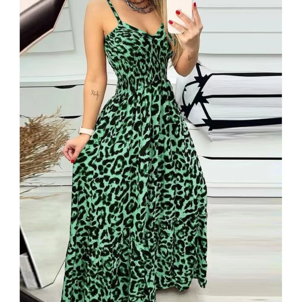 

Women Long Dresses Summer Floral V-Neck Sleeveless Party Dress Beach Leopard Print 2025 Fashionable Sexy Suspender Dress Vestido